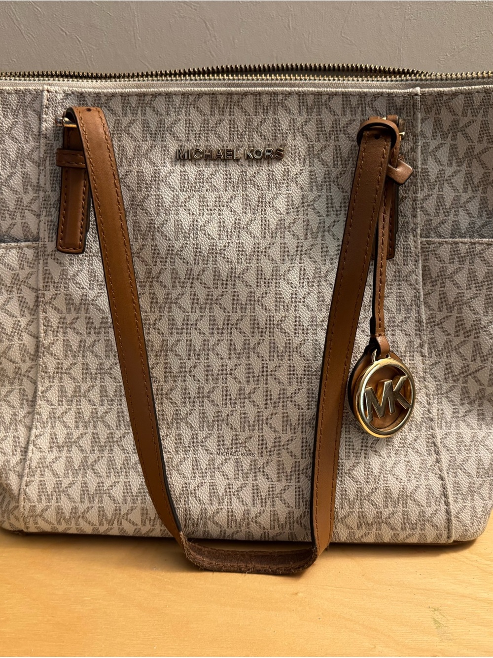 Michael Kors Tan & Cream Signature MK Tote with Gold Charm